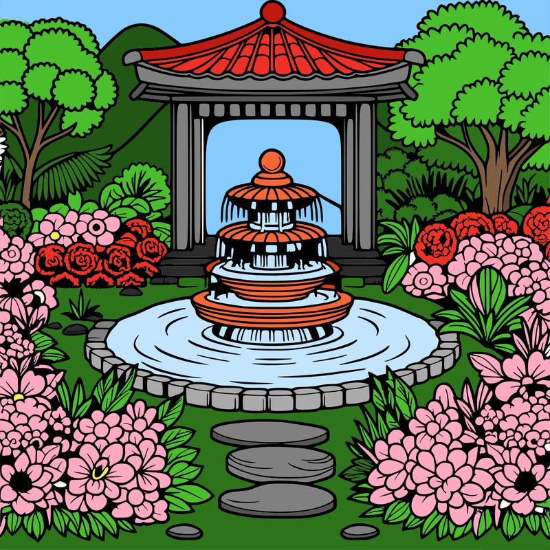 a most beautiful looking zen garden with a fountain and beautiful flowers