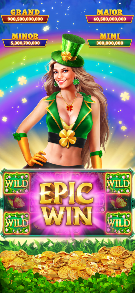 Capture d'écran du jeu mobile Slots Era avec un thème de la Saint-Patrick, un message de victoire épique et des récompenses de jackpot.