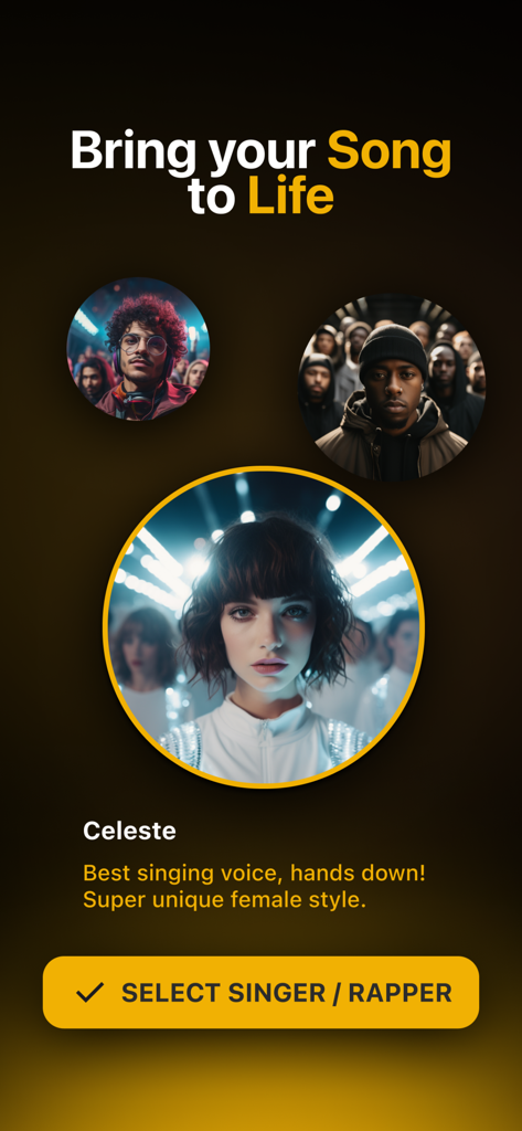 GhostWriterアプリでAIシンガーまたはラッパーを選択するためのアーティストプロファイルを表示するインターフェイス