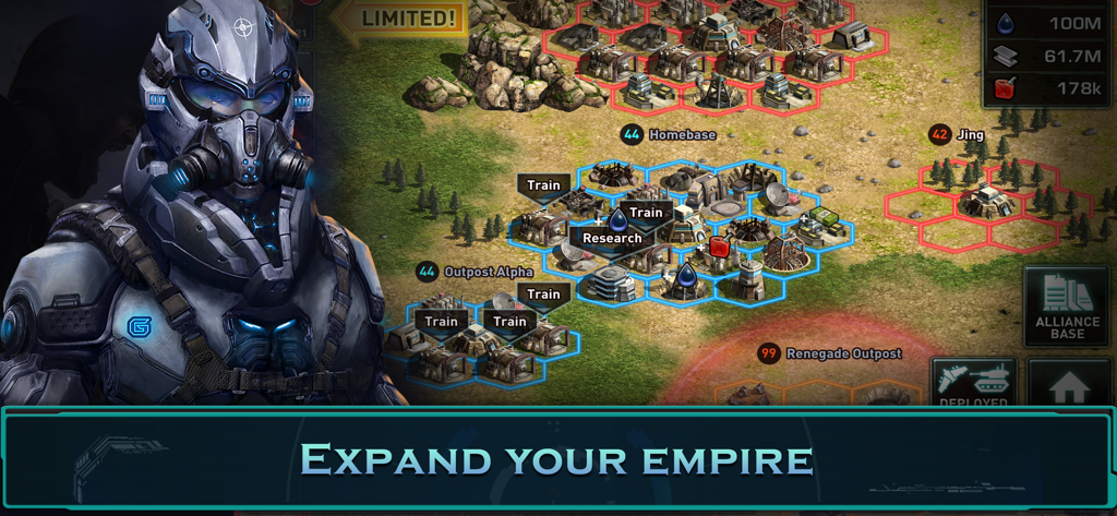 War of Nations: PvP Conflict - Um comandante de alta tecnologia observando uma base militar estratégica em War of Nations: PvP Conflict