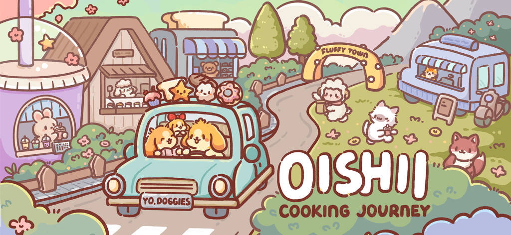 Oishii - Cooking Journey - Kawaii Hundeköche fahren mit einem Auto durch Fluffy Town mit Boba- und Bäckerei-Shops