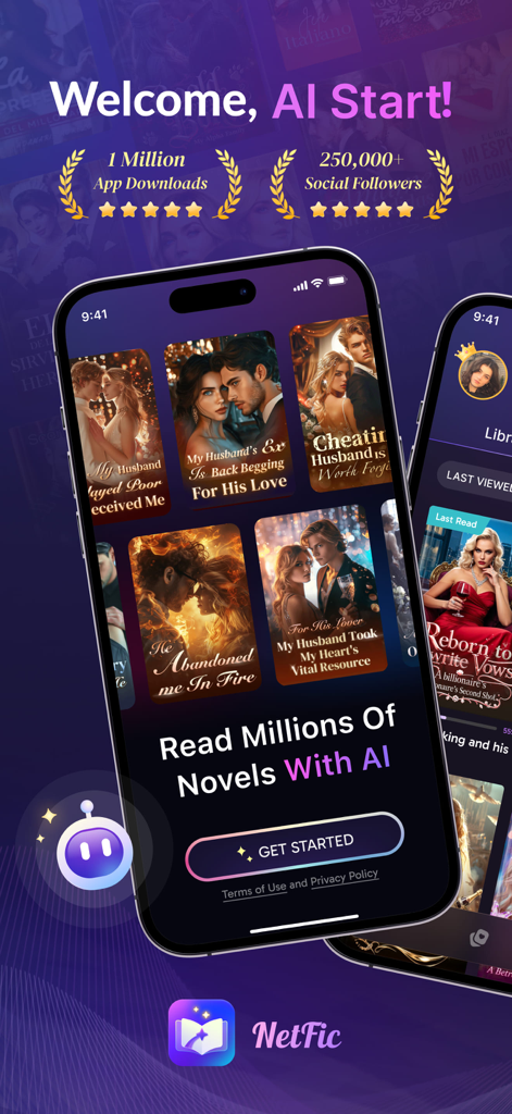 NetFic app home screen featuring serialized web novels and an AI start button