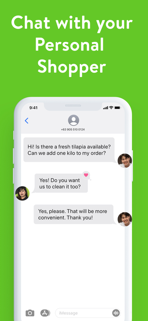 MetroMart: #1 Grocery Delivery - Screenshot of MetroMart app showing a chat interface between a customer and a personal shopper for a grocery order