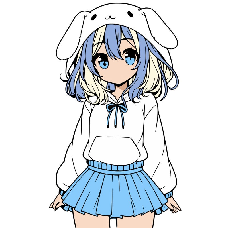 pretty anime girl wearing a fluffy hoodie with bunny ears on the hood and a skirt