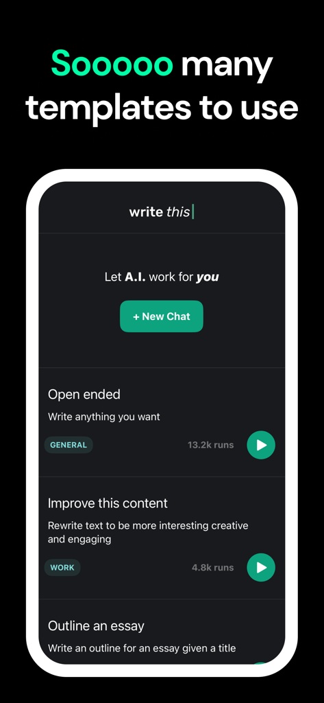 Write This - AI Text Generator - Captura de pantalla de la interfaz de la aplicación Write This que muestra plantillas de escritura IA para ensayos y mejora de contenido