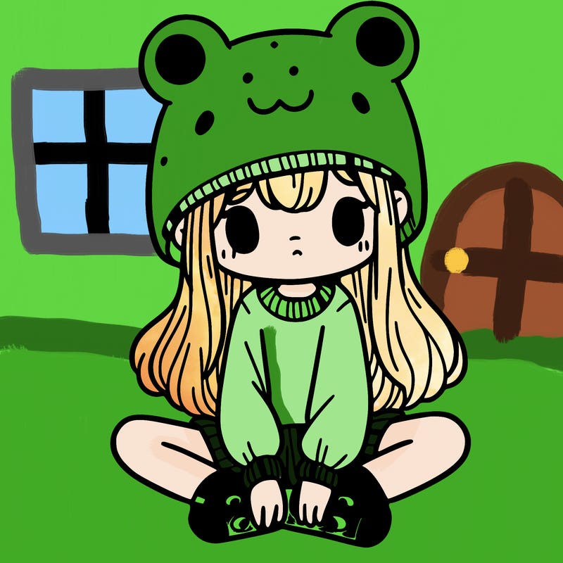 a girl wearing a frog hat and some frog socks