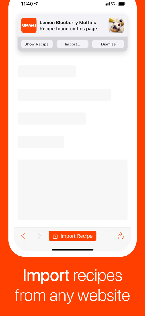 Mobile app interface showing the ability to import recipes from any website.