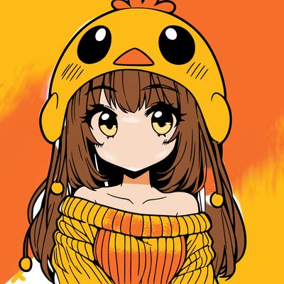 anime girl with chick shaped hat with sweater with bare shoulders with bangs covering them one eye with low tail