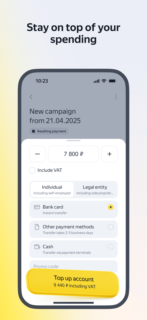 Interface of the Yandex Direct app showing a screen to top up an account with various payment methods for advertising campaigns