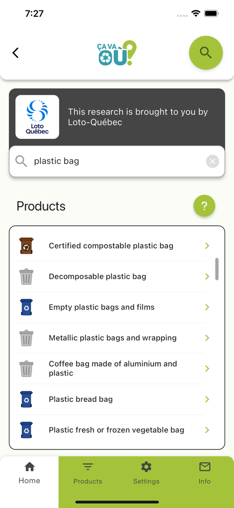 Search interface of the Ca va ou app showing waste disposal instructions for plastic bags.