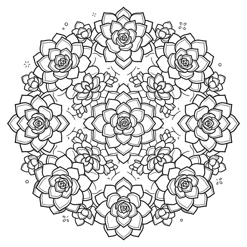 Dive into a vibrant garden of creativity with this delightful succulent mandala coloring page! Designed especially for kids aged 4-8, it features charming plant rosette shapes arranged in a fun, symmetrical pattern.