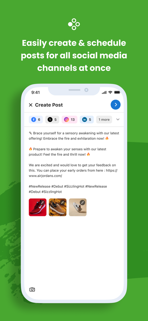 Interface de l'application mobile Birdeye montrant un utilisateur créant et planifiant une publication sur les réseaux sociaux pour plusieurs plateformes simultanément.