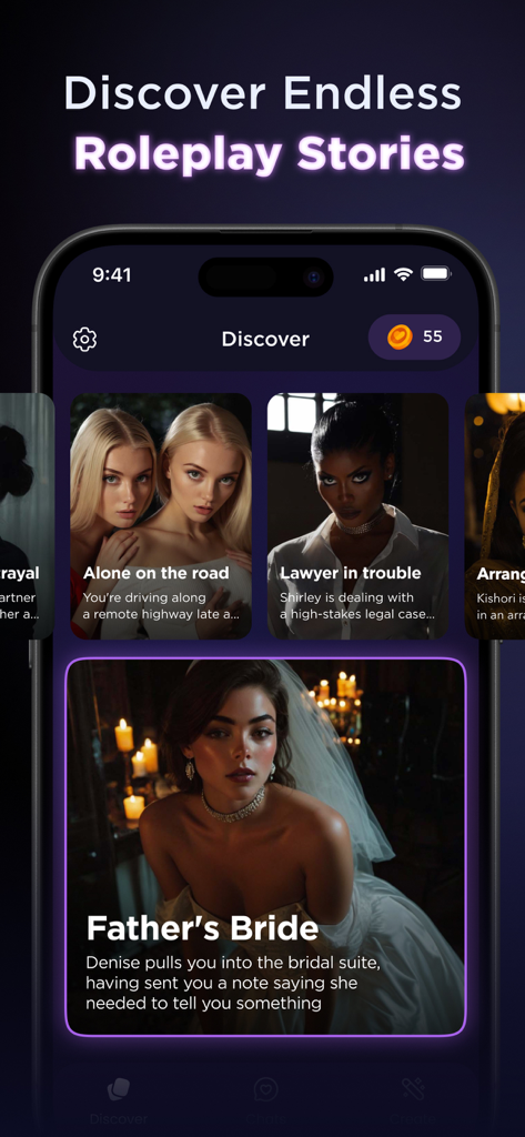 Lovevo: AI Roleplay Platform - Interfaz de la aplicación Lovevo para descubrir historias de roleplay con IA, mostrando varios escenarios y tarjetas de personajes.