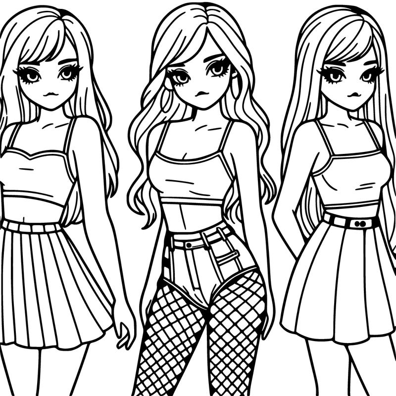 one girl with skirt and crop top another girl with fishnet tights and crop top and short shorts  and another girl with long hair and a skirt and crop top