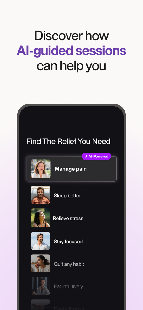 Reveri App-Oberfläche mit KI-gesteuerten Sitzungen zur Bewältigung von Schmerzen, Schlaf und Stress.