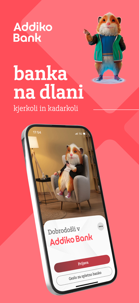 ハムスターのマスコットが登場するAddiko Mobile Slovenija銀行アプリのログイン画面