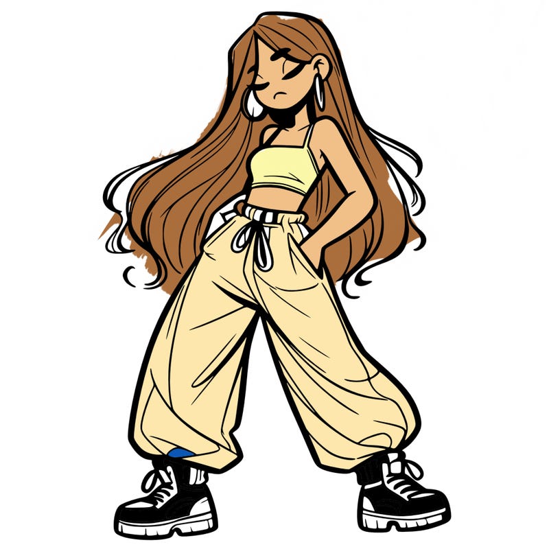 girl in baggy pants crop top and long hair