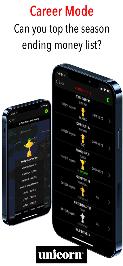 Screenshot of the Russ Bray Darts Scorer Pro app showing Career Mode tour events and prize money rankings