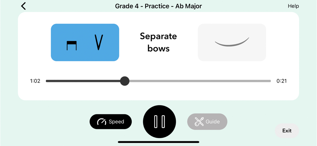 ABRSM Violin Scales Trainer - Violin Scales Trainer app interface for Grade 4 Ab Major scale practice showing bowing instructions and playback controls