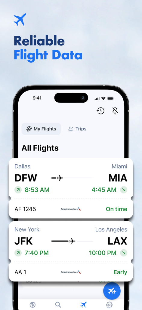 Flight Tracker + - Interface do aplicativo Flight Tracker mostrando status de voo em tempo real e horários de companhias aéreas em um iPhone