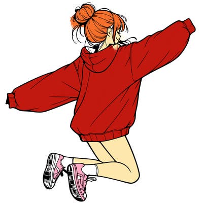 realistic girl jumping with a bun and oversized sweatshirt