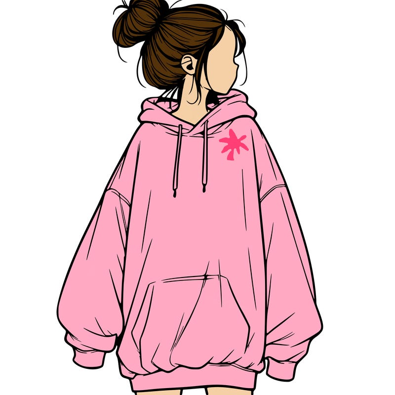 realistic girl with a oversized sweatshirt on and a bun