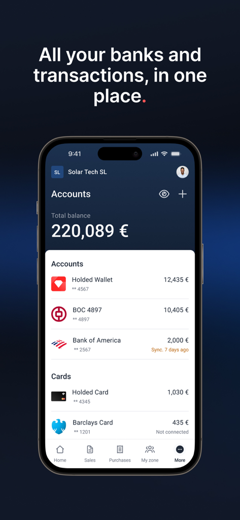 Panel de la aplicación móvil de Holded mostrando múltiples cuentas bancarias empresariales y saldos de tarjetas de crédito en una sola vista.