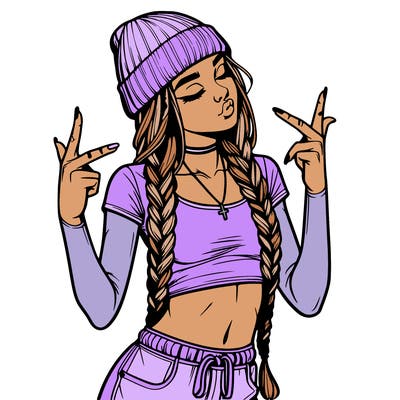 realistic teenage girl with braids and a beanie and crop top doing 🫶🏼