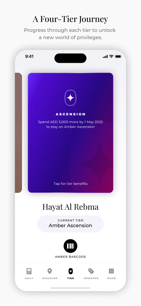 Mobile App-Oberfläche von Amber, die den Status der Ascension-Treuestufe anzeigt.