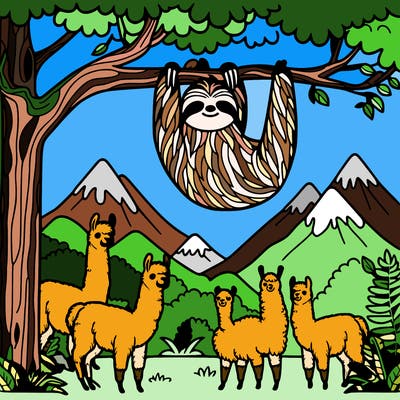 sloth hang from trees surround by llamas in the jungle mountains