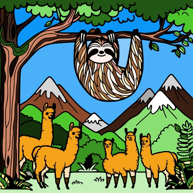 sloth hang from trees surround by llamas in the jungle mountains