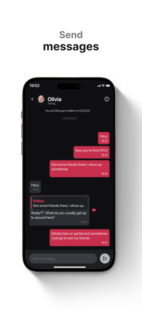 Umatch: Match, Chat & Meet - Une capture d'écran de l'application Umatch montrant une conversation de chat entre deux étudiants universitaires sur un appareil mobile