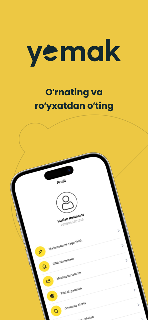 Yemak: Food delivery in Karshi - User profile interface of the Yemak food delivery app showing account settings on an iPhone mockup with a yellow background