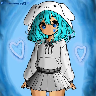 pretty anime girl wearing a fluffy hoodie with bunny ears on the hood and a skirt