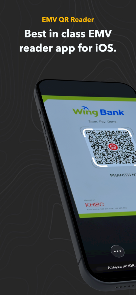 Interface do aplicativo EMV QR Reader escaneando um código QR bancário em um iPhone