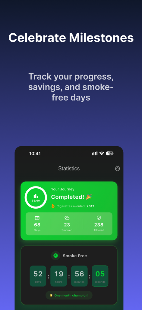 Smoke Free app screen displaying quitting statistics including cigarettes avoided and smoke free days
