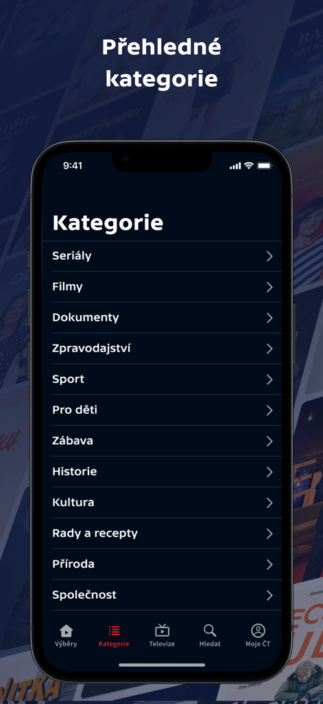 Un menú de categorías de programación en la aplicación iVysilani, incluyendo películas, noticias y deportes