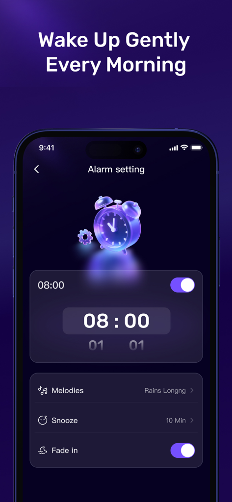 MySleep app alarm setting screen showing an 8:00 AM wake up time with options for melodies snooze and fade in