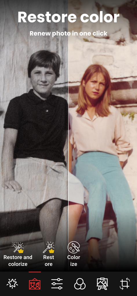 Enhance it - AI Photo Editor - Pantalla dividida que muestra la restauración de fotos en blanco y negro y la colorización