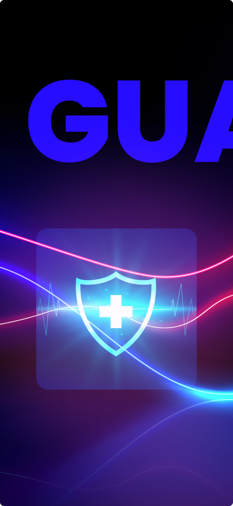 Ícone de escudo do aplicativo Guard Protect com uma cruz médica e linhas de neon brilhantes