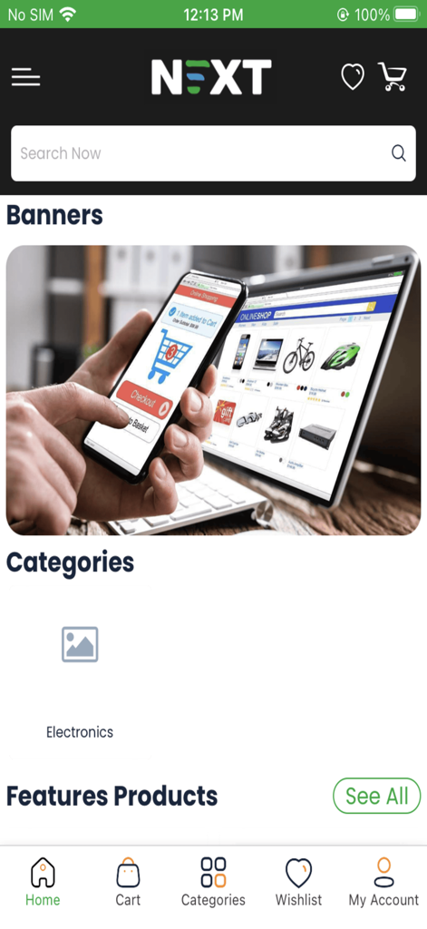 Next - Online Shopping App - Home screen of the Next Online Shopping App featuring product banners and a category section for electronics.