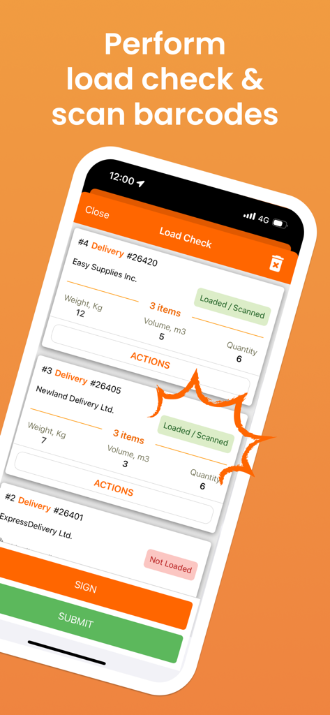 Interface de l'application mobile Track-POD pour effectuer des vérifications de chargement et scanner les codes-barres des commandes de livraison