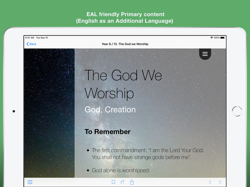 Lección de libro de texto católico digital de la Serie KWL en un iPad
