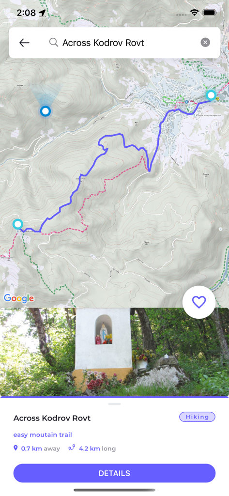 Monolit2Go - Monolit2Go app interface showing a topographic hiking trail map and route details for Kodrov Rovt in Slovenia.