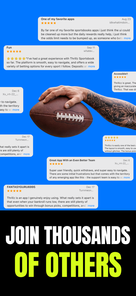 A collage of five star user reviews for Thrillzz social sportsbook featuring a hand holding an American football and the text join thousands of others