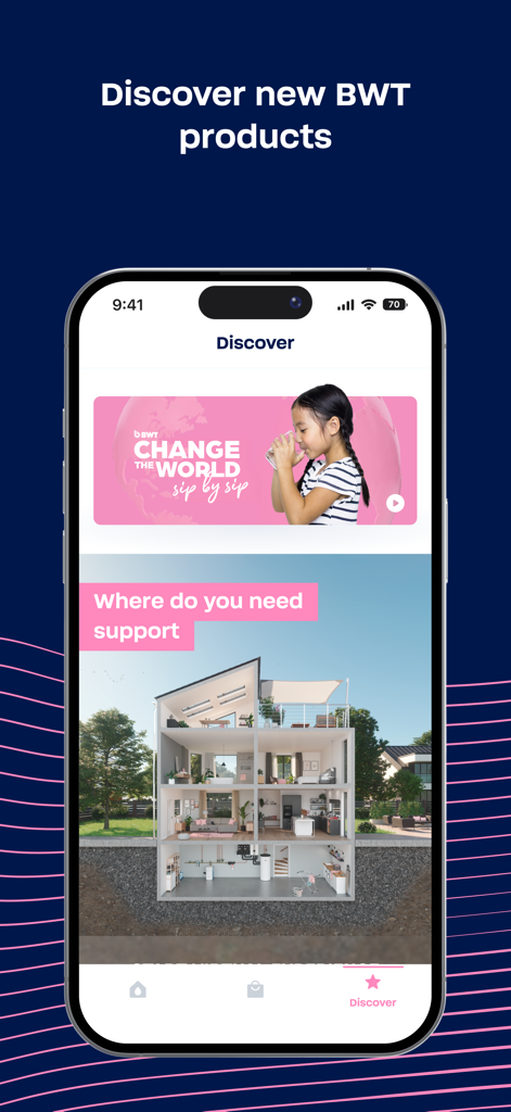 BWT Best Water App discovery page showing a 3D home model and product information