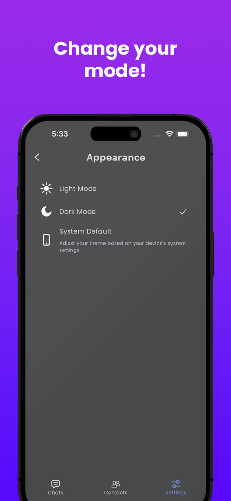 Sngine Messaging - Sngine Messaging app appearance settings screen showing dark mode option