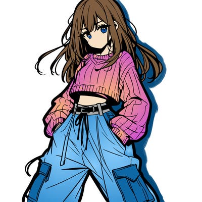 anime teen girl with baggy pants and crop top with sweater