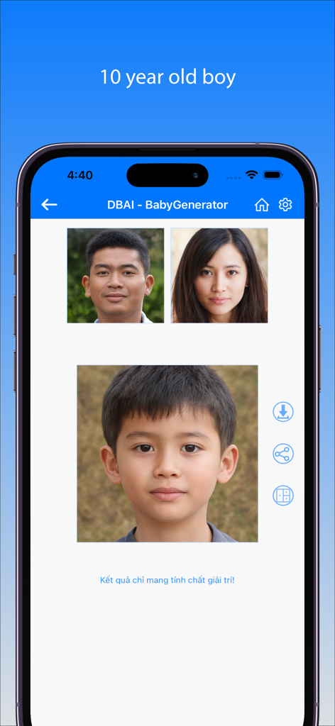 Capture d'écran de l'application BabyGenerator montrant une prédiction pour un garçon de 10 ans basée sur les photos des parents.