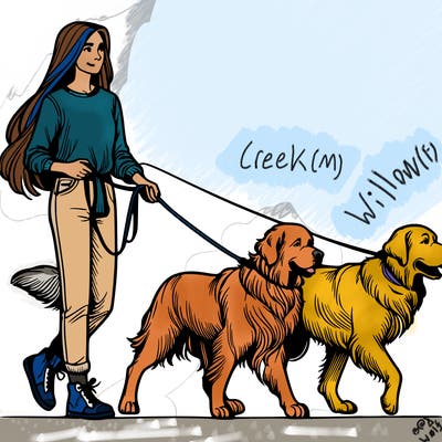 realistic woman with long hair walking with her two large dogs on a leash
